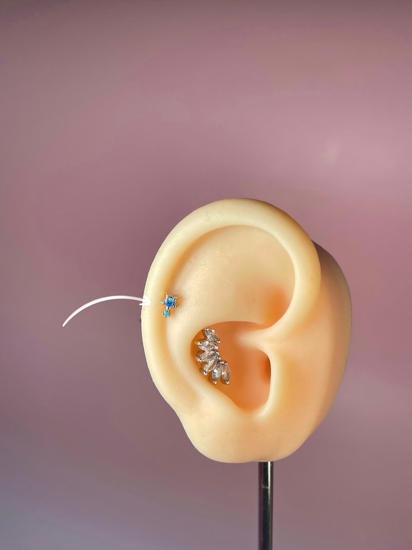 Pendiente/piercing doble estrella azul plateado (unidad)